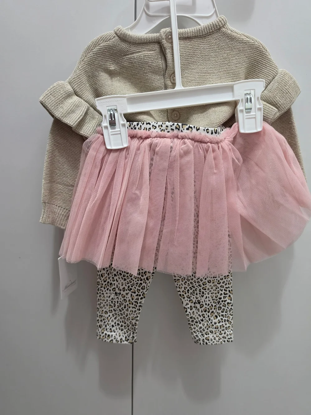 2 pcs Kids Matching Set - Beige Knit Sweater with Pink Tulle Skirt Leggings